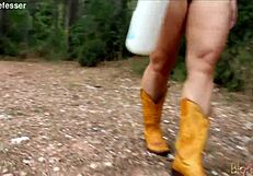 Cowgirl riding huge dildo with oil in wild forest!