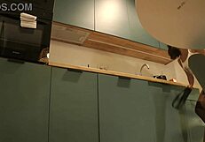 A cute housewife flashes her panties while wearing high heels and stockings in a mini skirt.