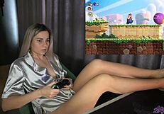 Horny naked blonde cosplayer with long legs cums from remote controlled vibrator during sex stream