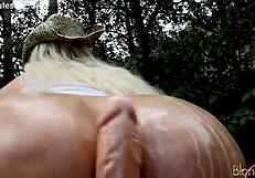 Cowgirl riding huge dildo with oil in wild forest!