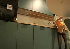 A cute housewife flashes her panties while wearing high heels and stockings in a mini skirt.