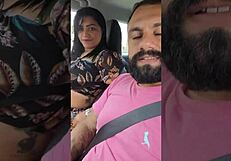 cuckold shows wife's natural tits in public street car and market