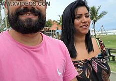 cuckold shows wife's natural tits in public street car and market