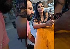 cuckold shows wife's natural tits in public street car and market