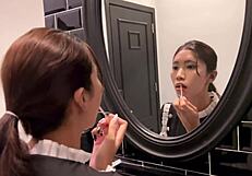 Asian teen maid performs blowjob, moaning while getting cum covered on shaved pussy.