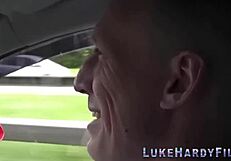 I watch the busty inked brit in glasses suck and fuck my monster cock.