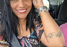 cuckold shows wife's natural tits in public street car and market