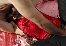 Damn, this blonde milf in green leather pants gets bent over for doggy pov ass licking blowjob?