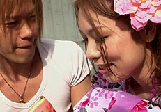 Sweet geisha, suck that cock for your first JAV!