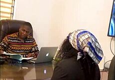 ebony mama fucks boss for job.