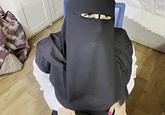 Turkish beauty in hijab teases with wet pussy under pantyhose for orgasm.