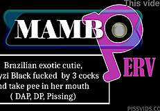 meyzi black takes three cocks and pee?