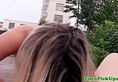 euro amateur sucks cock and tastes cum for quick cash in public.