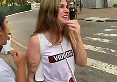 Young brazilian girls in collars walk Sao Paulo streets under domination, exhibitionism on display