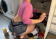 Housewife wears micro jean shorts around the house