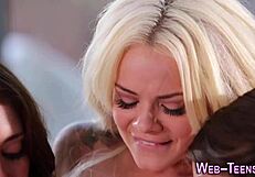 my skinny teen 18+ gets her pussy licked in wild 3some action. petite babe moans during oral group play.