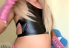 Transsexual with rich tits shows off cock in crossdressing