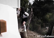 Teens share cock in kinky threeway