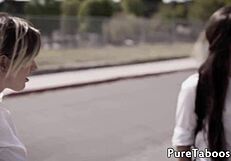 Teens share cock in kinky threeway