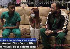 Tanned brunette Jewel with short hair and small tits tries gloves in hospital backstage