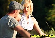 fingered woman urinates outdoors