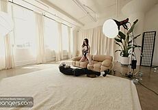 Young brunette in lingerie bends over for group banging at casting