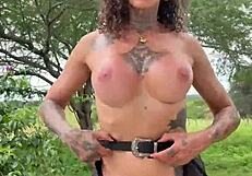 Brazilian Transsexual Sabrina Prezotte Crossdresses on Farm and Cums Watching Workers