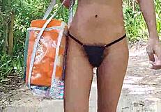 Hairy Babe Strolls Topless in Thong Through Forest Trails