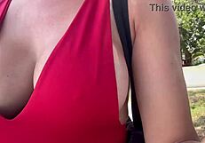 Italian mommy milf walks outdoors with big boobs on display