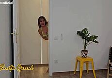 Girl next door gives footjob to big xl cock with deep throat fucking, receiving cum on face in bedroom