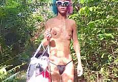 Hairy Babe Strolls Topless in Thong Through Forest Trails