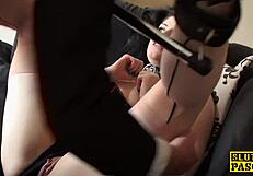 Busty British sub gets pussyfucked while bound in stockings