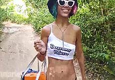 Hairy Babe Strolls Topless in Thong Through Forest Trails