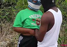 Ebony queen transforms morning workout into wild bush banging with trainer