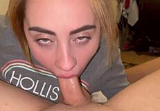 Blonde babe gives sloppy deepthroat, gagging for cum in mouth