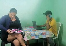 stepmother gets fucked by stepson in husband's office, huge ass action