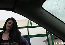 Lucia flashes big tits in public fingering challenge.