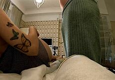 big tits brunette babe teases guy under towel in see through dress