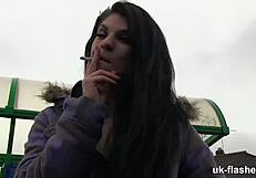 Lucia flashes big tits in public fingering challenge.