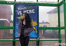 Lucia flashes big tits in public fingering challenge.