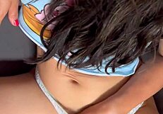 latina brunette gives blowjob to lover after workout