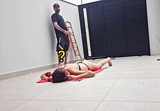 Redhead slut sunbathes and sucks neighbor's cock in backyard