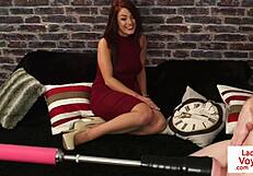 redhead british voyeur teases humiliated sub with jerk off instructions in heels stockings panties