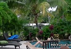 Punishing the sexy neighbor poolside for sneaking in.