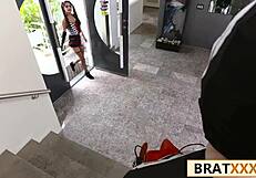 Petite trick-or-treater gets more than candy in spooky fuck session