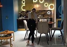 Sexy housekeeper bends over in leggings to serve her boss with tight anal.