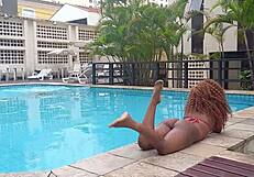 ebony woman gives mouth and pussy in pool after almost drowning