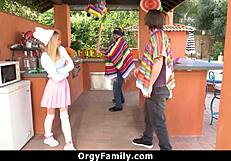 Secret taboo fun: petite stepsister gets fucked while stepdad watches blindfolded.