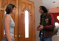 Lexi belle, dressed in lingerie and fishnets, gives a handjob before riding cock and getting her shaved pussy fucked without protection by her mother in law's lover