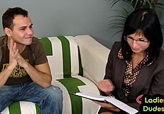 Femdom teens in heels and stockings peg and jerk a sissy in threesome